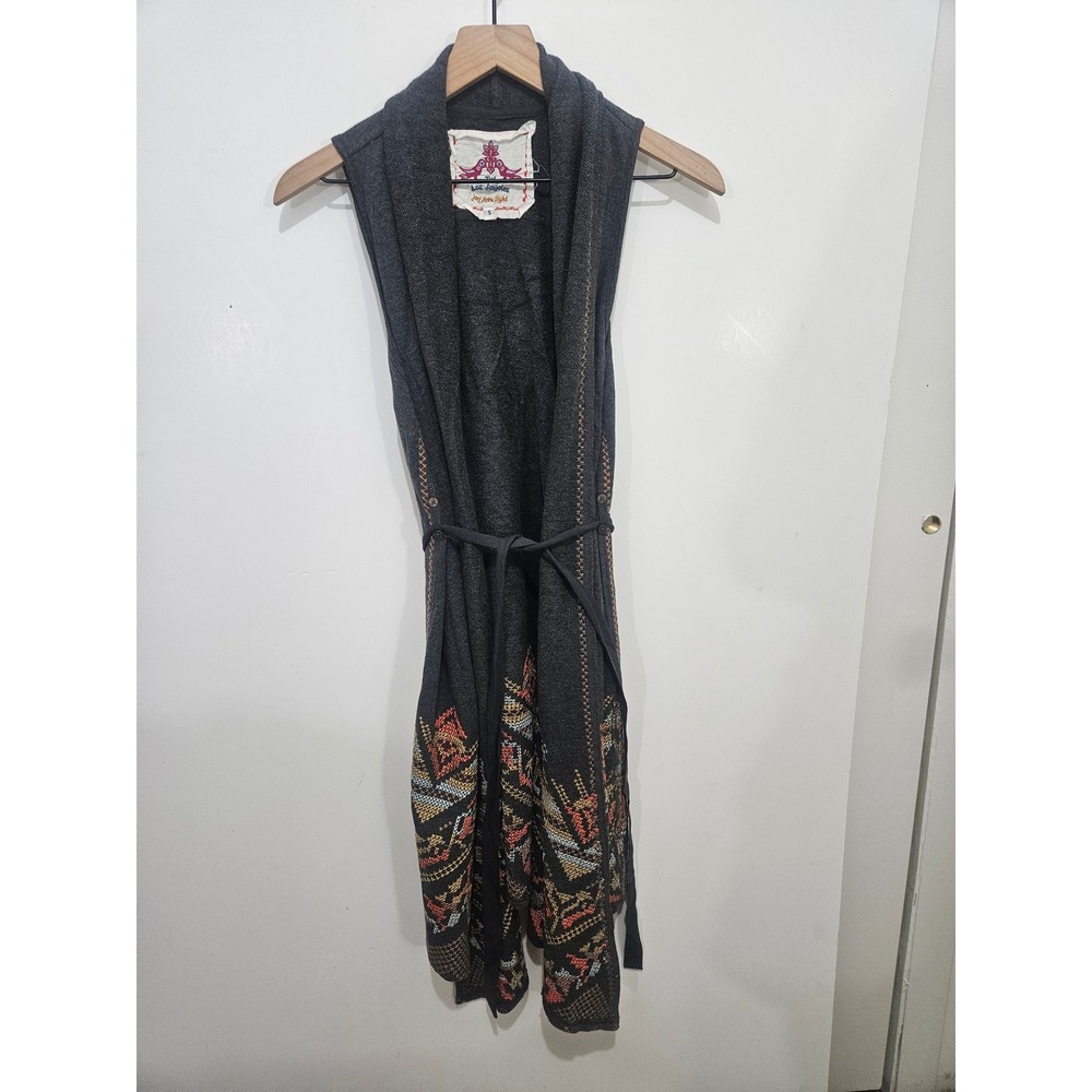 JW Los Angeles Johnny Was Gray Embroidered Southwestern Belted Long Vest Small